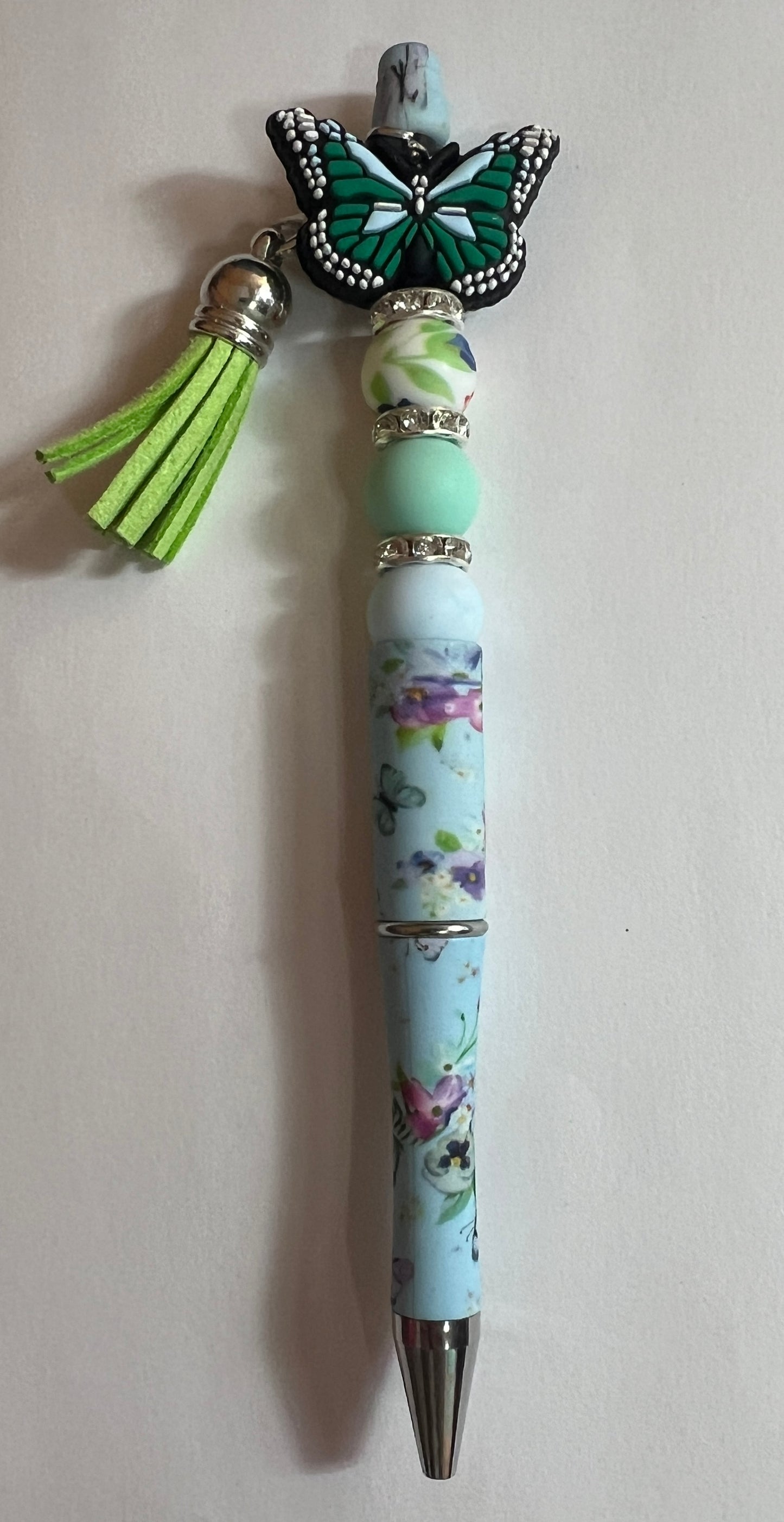 Butterfly Pen - Green/Blue Butterfly, Blue Floral/Butterfly Pattern Pen, Green Tassel