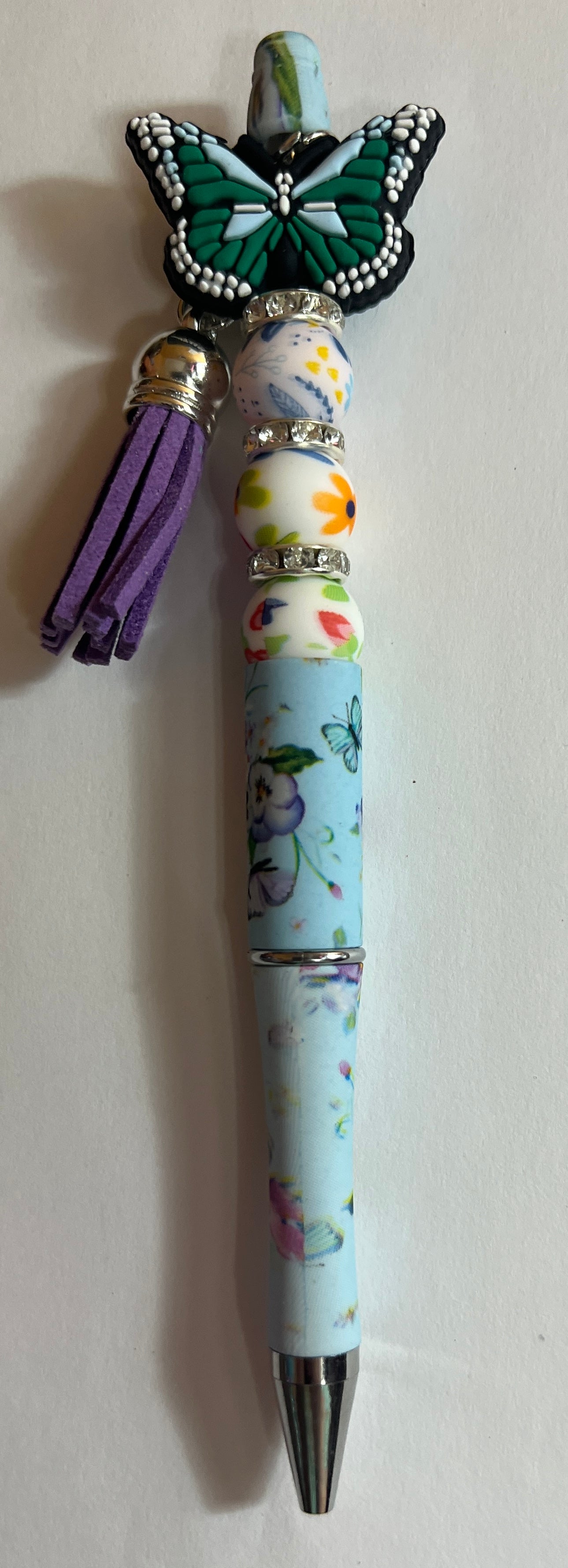 Butterfly Pen - Green/Blue Butterfly, Blue Floral Pen, Purple Tassel