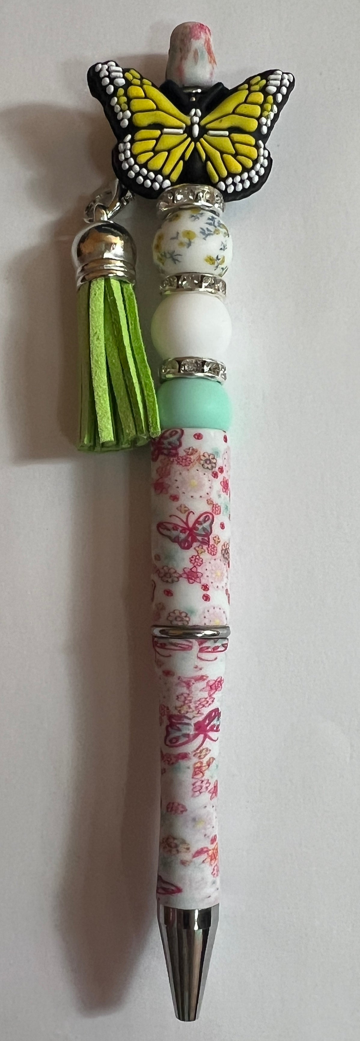 Butterfly Pen - Yellow Butterfly, Floral /Butterfly Pen, Green Tassel